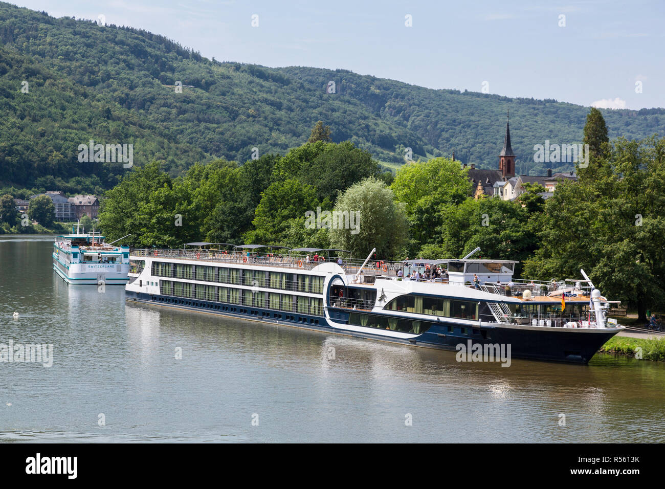 Bernkastel, Germany.  A Moselle River Cruise Boat. Stock Photo