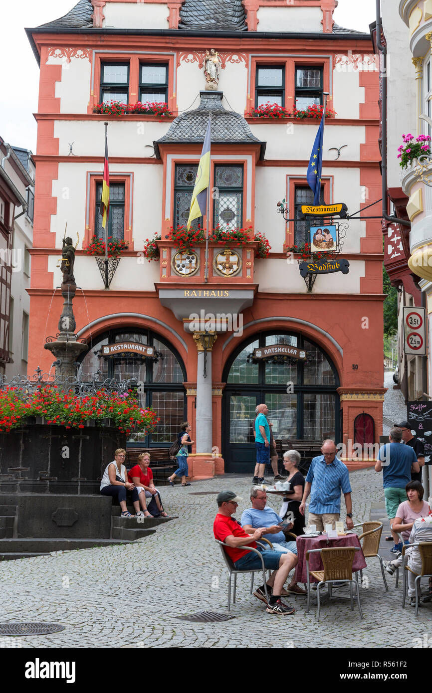 Bernkastel, Germany.  Tourists Enjoying Refreshments in the Market Square. Stock Photo