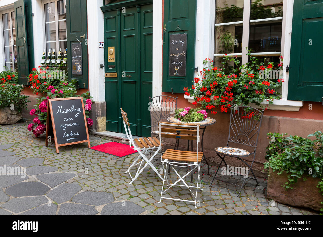 Bernkastel, Germany.  Entrance to a Wine Bar, Riesling Wine for Sale. Stock Photo