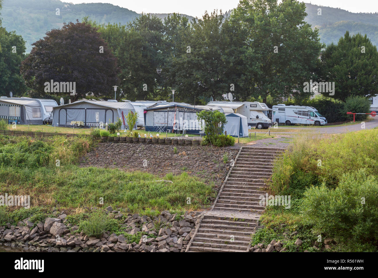 Ernst, Germany.  Campground on Moselle Riverbank. Stock Photo