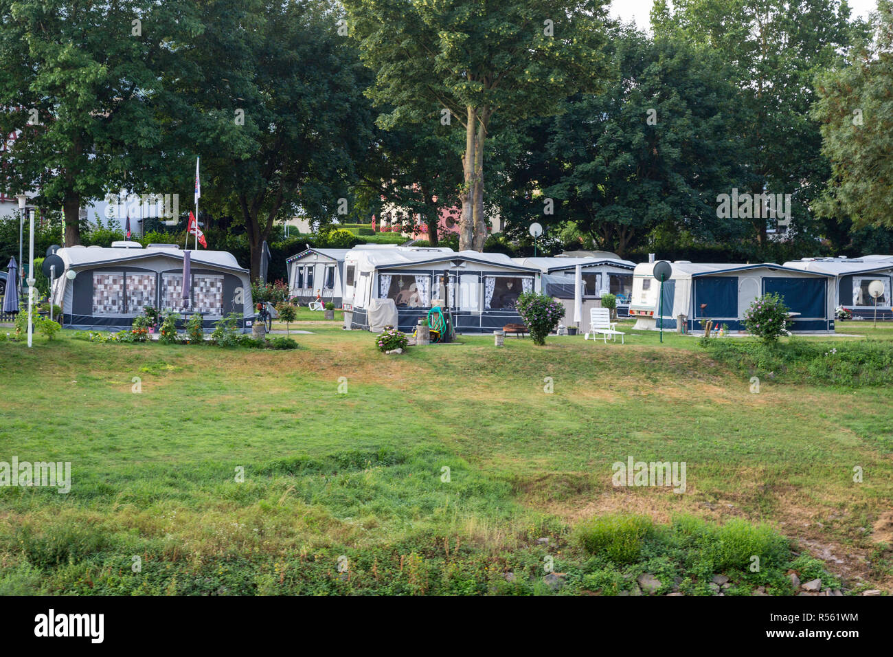 Ernst, Germany.  Campground on Moselle Riverbank. Stock Photo