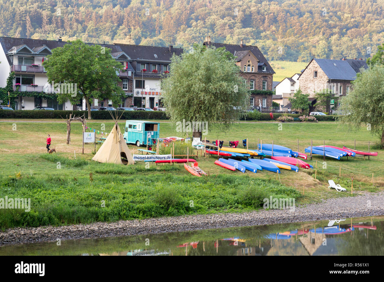 Ernst, Germany.  Canoe Rental along the Moselle. Stock Photo
