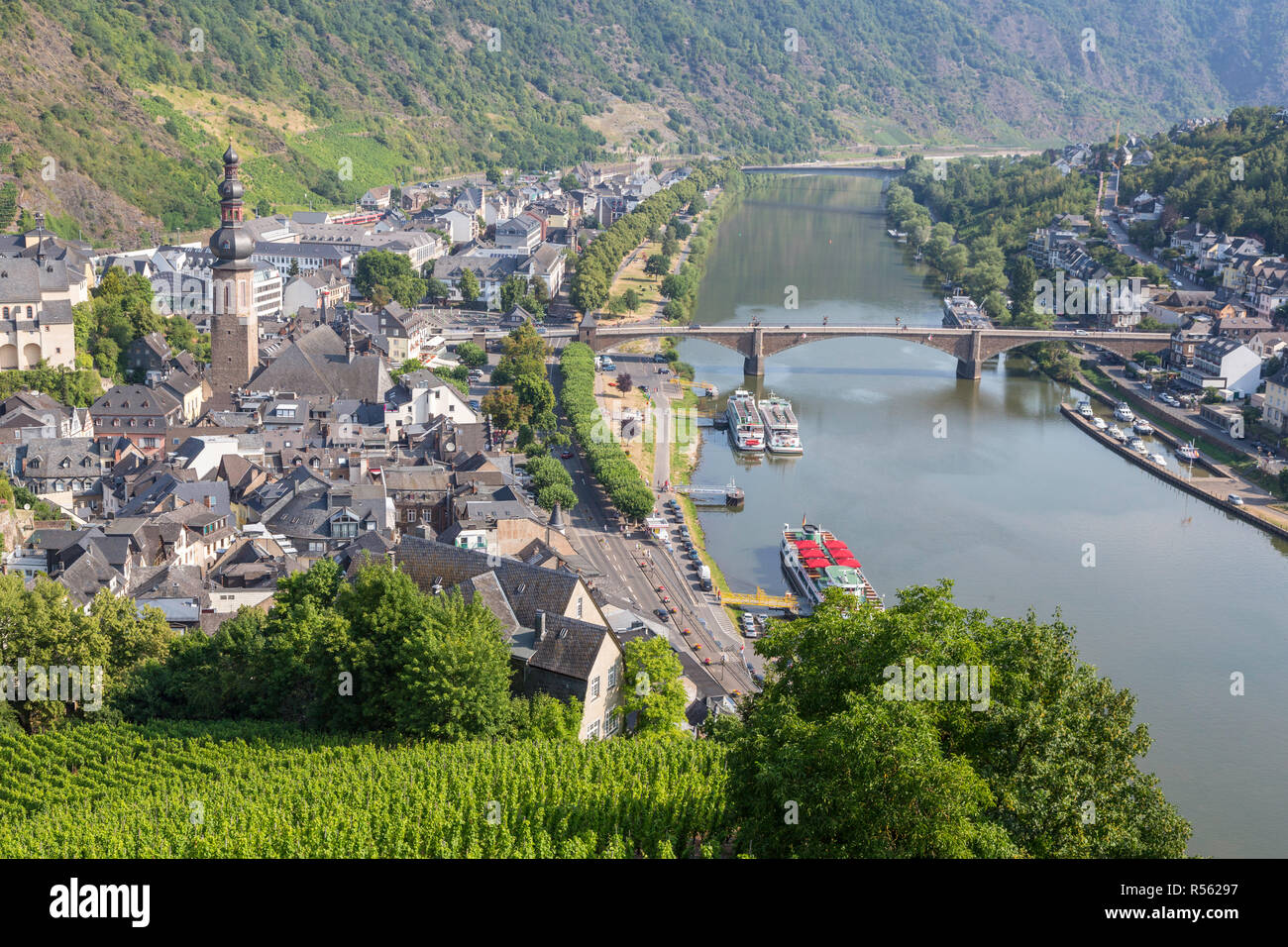 Cochem, Germany.  View of the Town and the Moselle from the Reichsburg Castle. Stock Photo