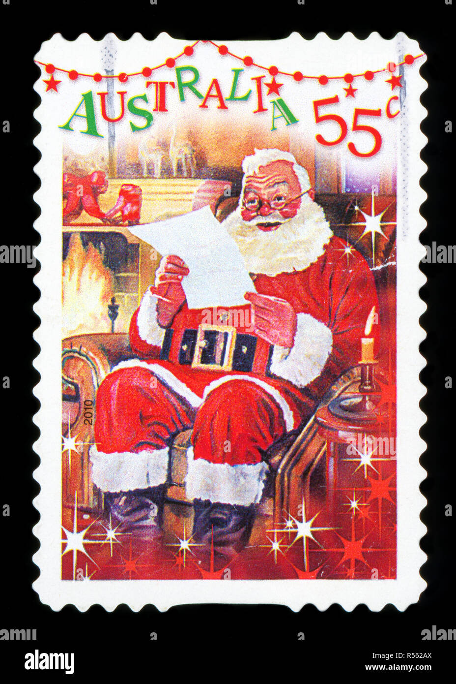 AUSTRALIA CIRCA 2010 A used postage stamp from Australia, depicting a festive scene of Santa