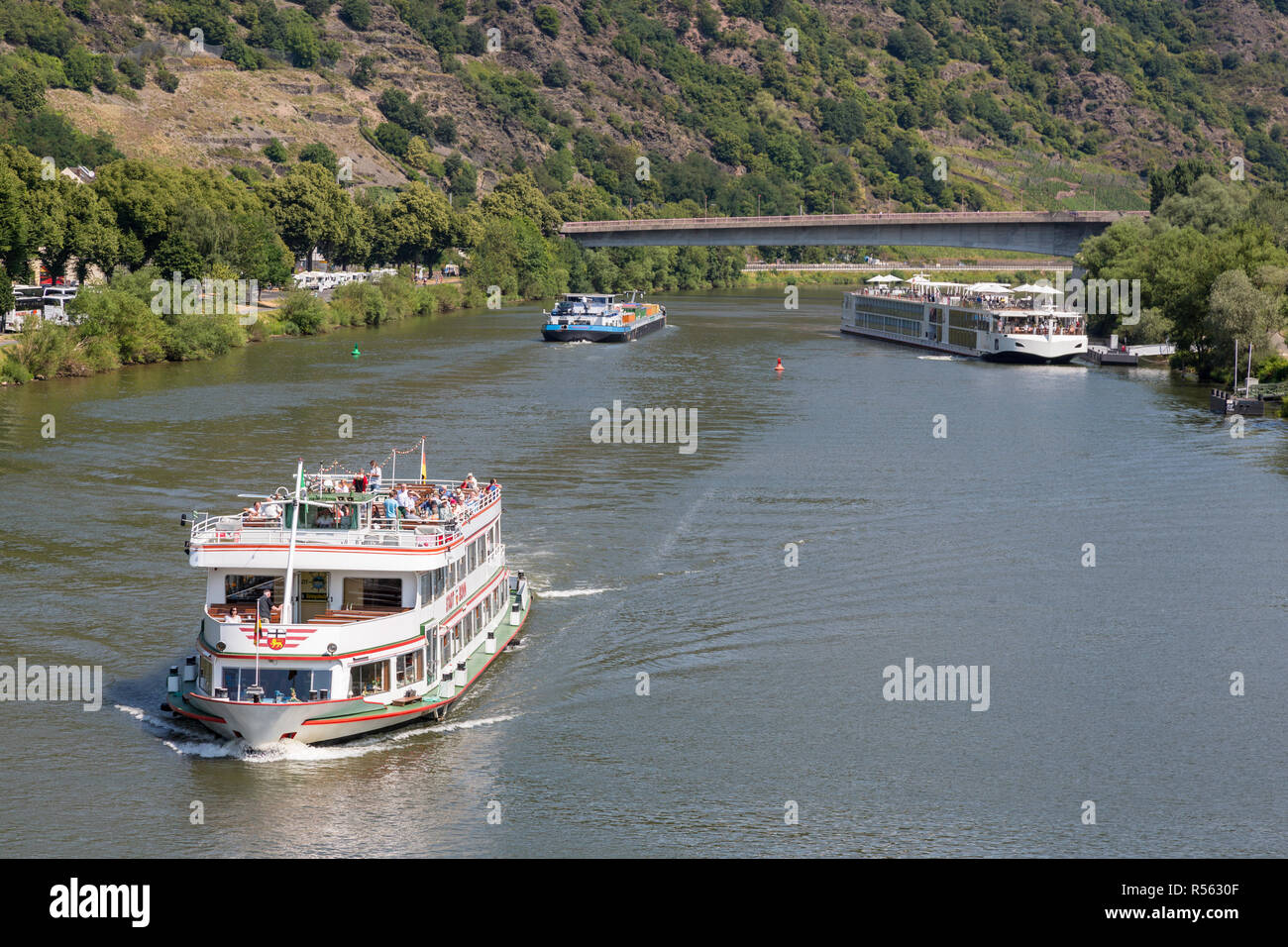 Cochem, Germany.  Two Tourist Cruise Boats on the Moselle. Stock Photo