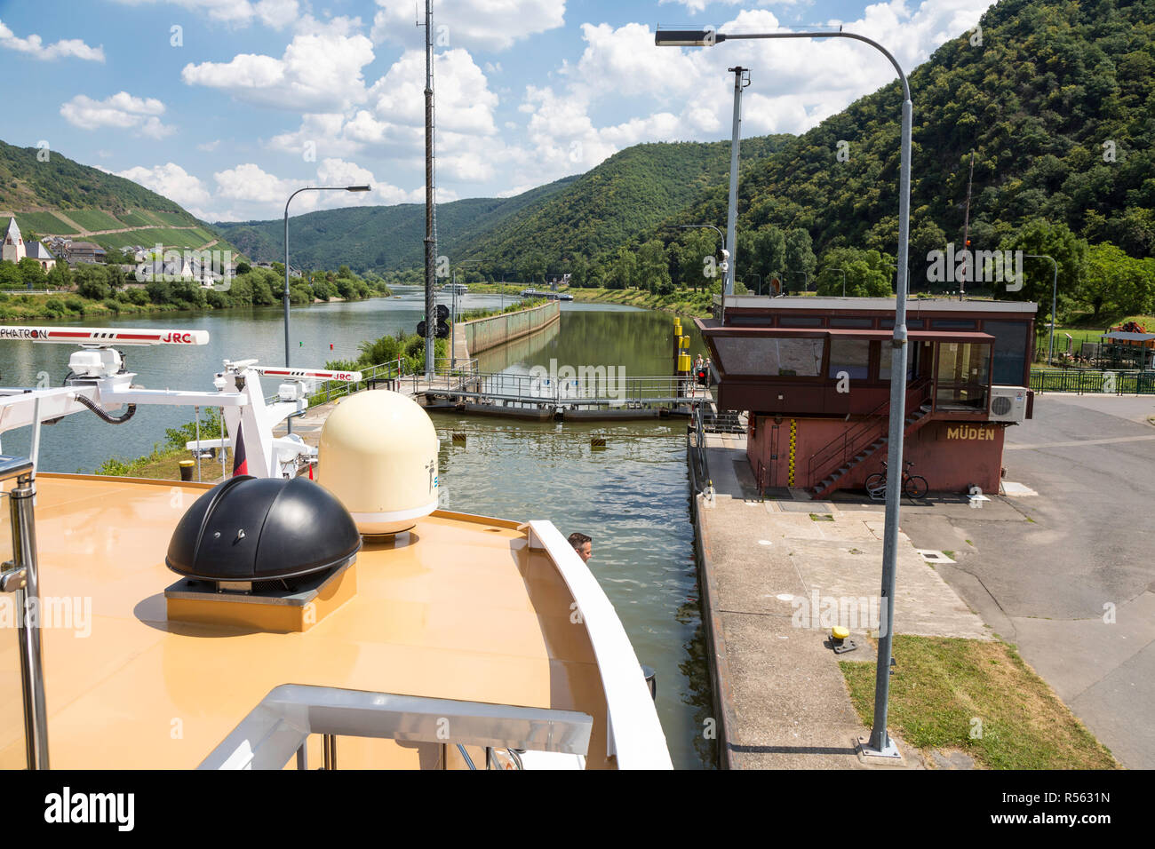 Müden, Germany. Cruise Boat in a  Moselle River Lock. Stock Photo