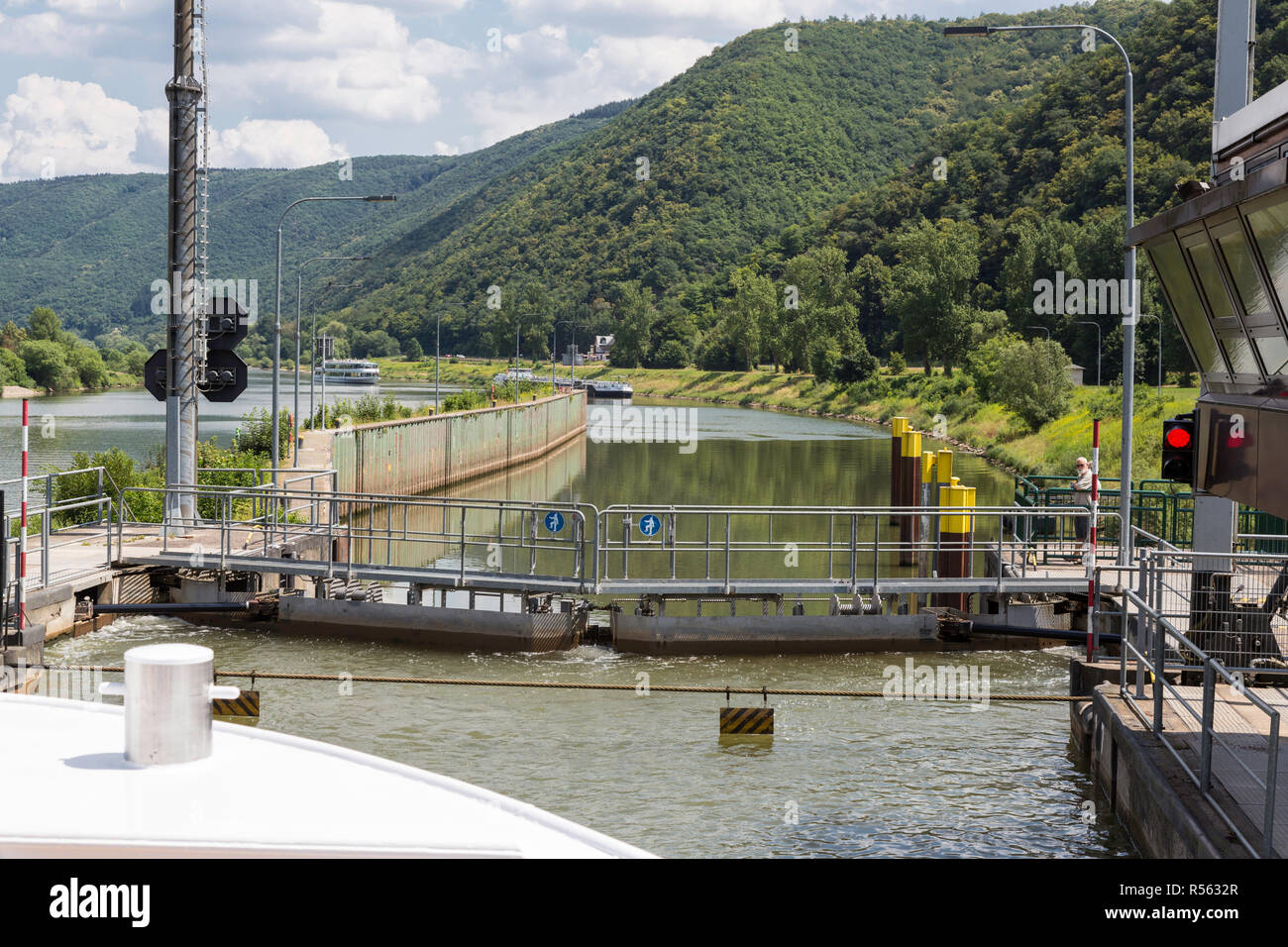 Müden, Germany. Cruise Boat in a  Moselle River Lock. Stock Photo