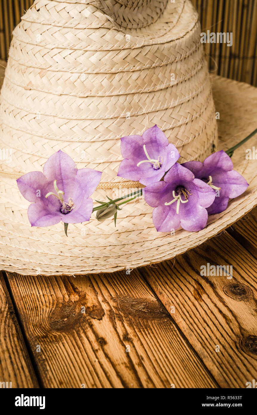 Straw hat and flowering campanula, close-up Stock Photo