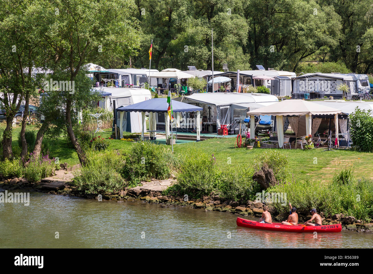 Burgen, Germany.  Campground along the Moselle. Stock Photo