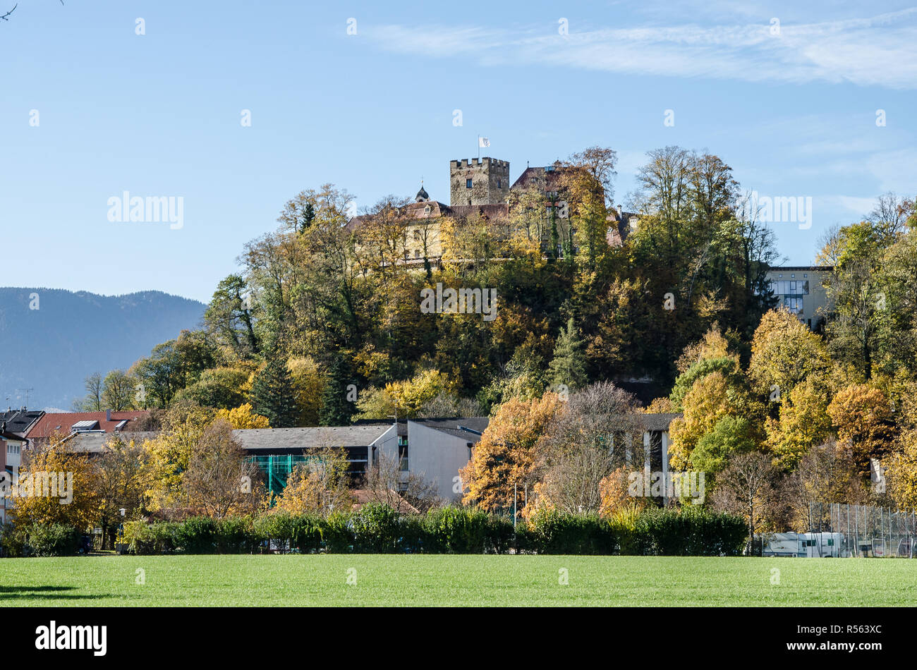 The romantic town of Neubeuern with its castle and painted facades on historic Market Square has won the gold medal, 'Germany's Most Beautiful Village Stock Photo