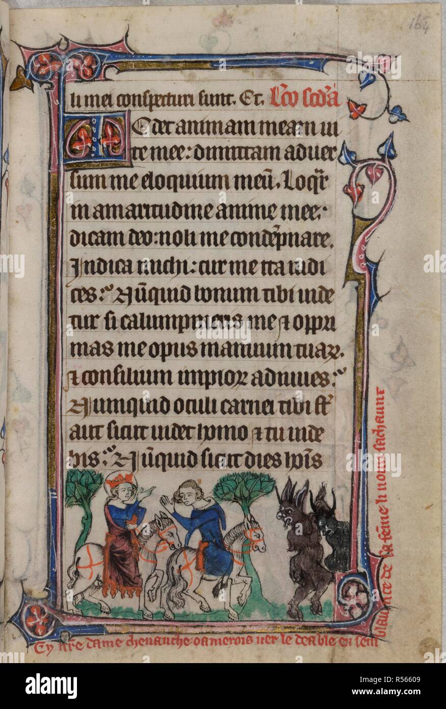 Bas-de-page scene of Amoras and the Virgin Mary riding, while two devils flee, with a caption reading, â€˜Cy n[ost]re dame chevauche o amerois vers le deable en semblaunce de sa fe[m]me li noun sachauntâ€™ . Book of Hours, Use of Sarum ('The Taymouth Hours'). England, S. E.? (London?); 2nd quarter of the 14th century. Source: Yates Thompson 13, f.164. Language: Latin and French. Stock Photo