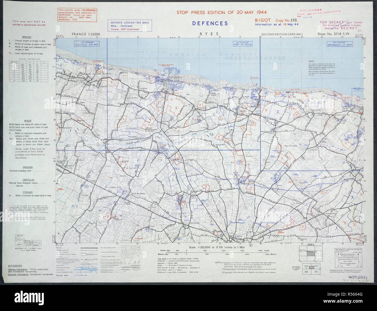 Ryes, France. Gold beach. A map of the Second World War. France 1:25,000 Defences, Bigot. [London] : War Office, 1944. Source: Maps 14317.(259.) 37-18 SW. Stock Photo