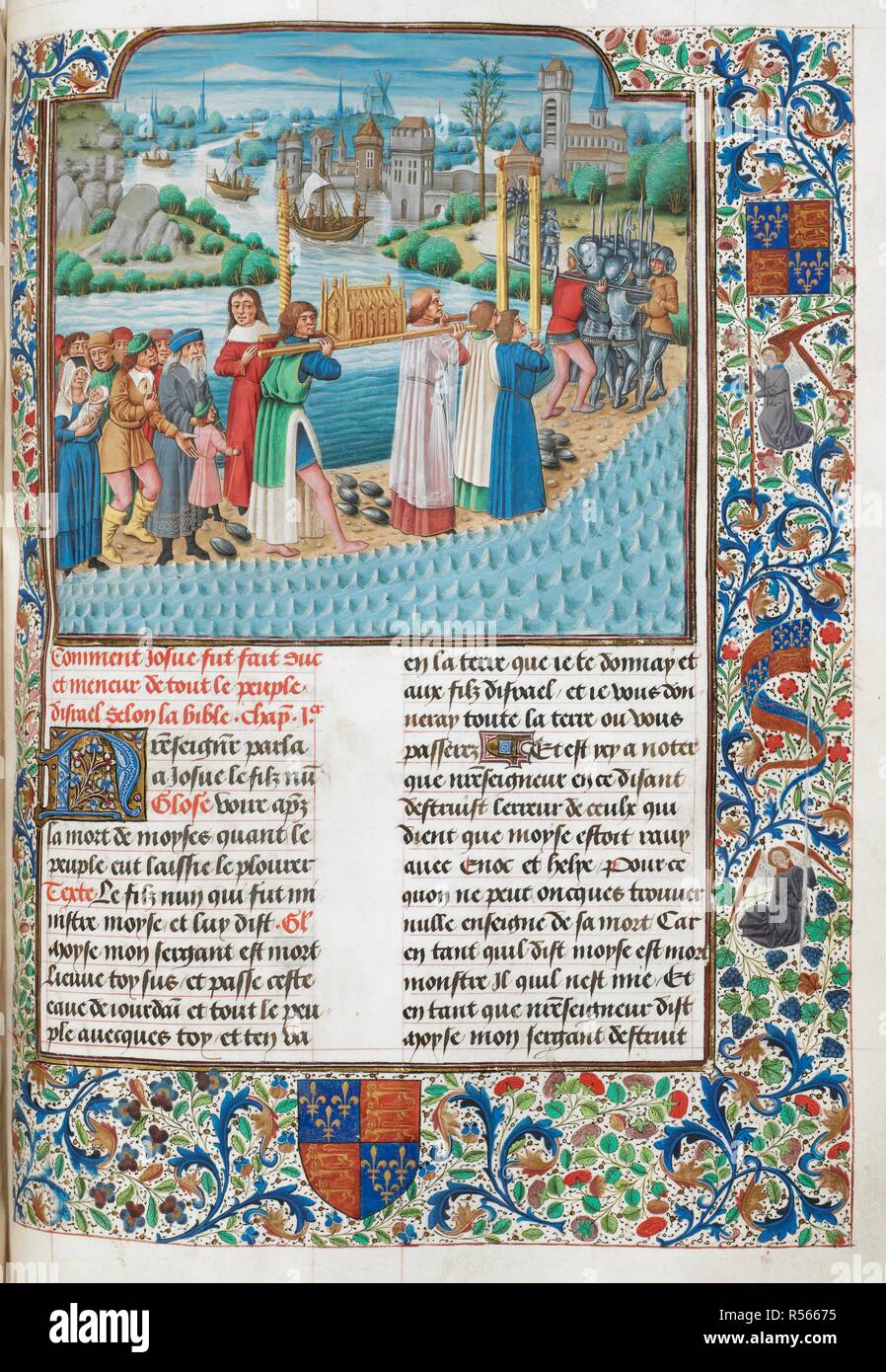 Joshua on the banks of the River Jordan with the Ark of the Covenant carried by a group of Israelites, at the beginning of Joshua . Bible Historiale, Volume 1. 1479. Source: Royal 18 D. IX, f.275. Language: French. Stock Photo