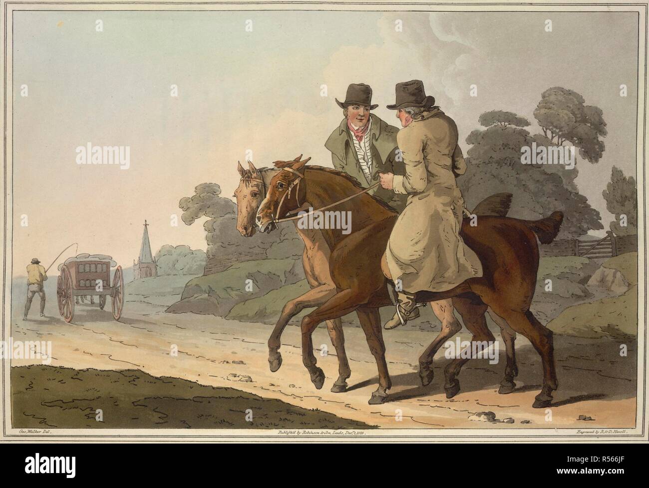 Men on horseback. The costume of Yorkshire illustrated by a series o. London, 1814. Two farmers on horseback.  Image taken from The costume of Yorkshire illustrated by a series of forty Engravings, being facsimiles of original drawings, with descriptions in English and French.  Originally published/produced in London, 1814. . Source: 143.g.1, plate XIX, opposite 49. Language: English. Author: WALKER, GEORGE. Walker, George, of Seacroft. Havell, R & D. Stock Photo