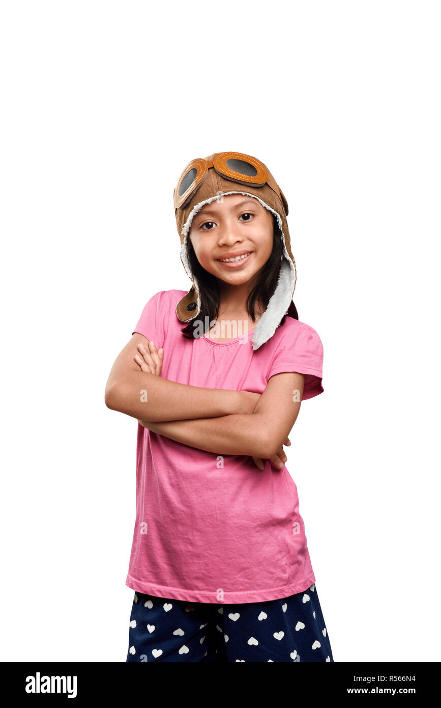 Happy asian kid with aviator helmet and goggles Stock Photo