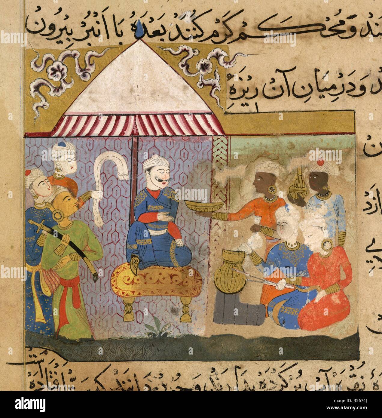 Preparation of frankincense. The Ni'matnama-i Nasir al-Din Shah. A manuscript o. 1495 - 1505. Preparation of frankincense for the Sultan Ghiyath al-Din. Opaque watercolour. Sultanate style.  Image taken from The Ni'matnama-i Nasir al-Din Shah. A manuscript on Indian cookery and the preparation of sweetmeats, spices etc.  Originally published/produced in 1495 - 1505. . Source: I.O. ISLAMIC 149, f.174v. Language: Persian. Stock Photo