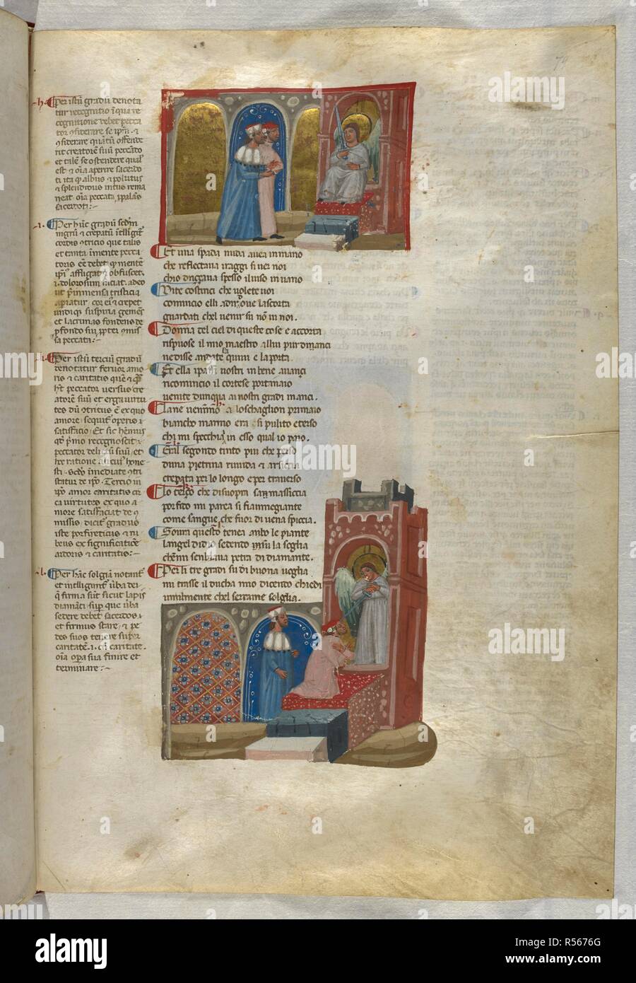 Purgatorio: The angel opens the door to purgatory and Dante kneels on the steps. Dante Alighieri, Divina Commedia ( The Divine Comedy ), with a commentary in Latin. 1st half of the 14th century. Source: Egerton 943, f.79v. Language: Italian, Latin. Stock Photo