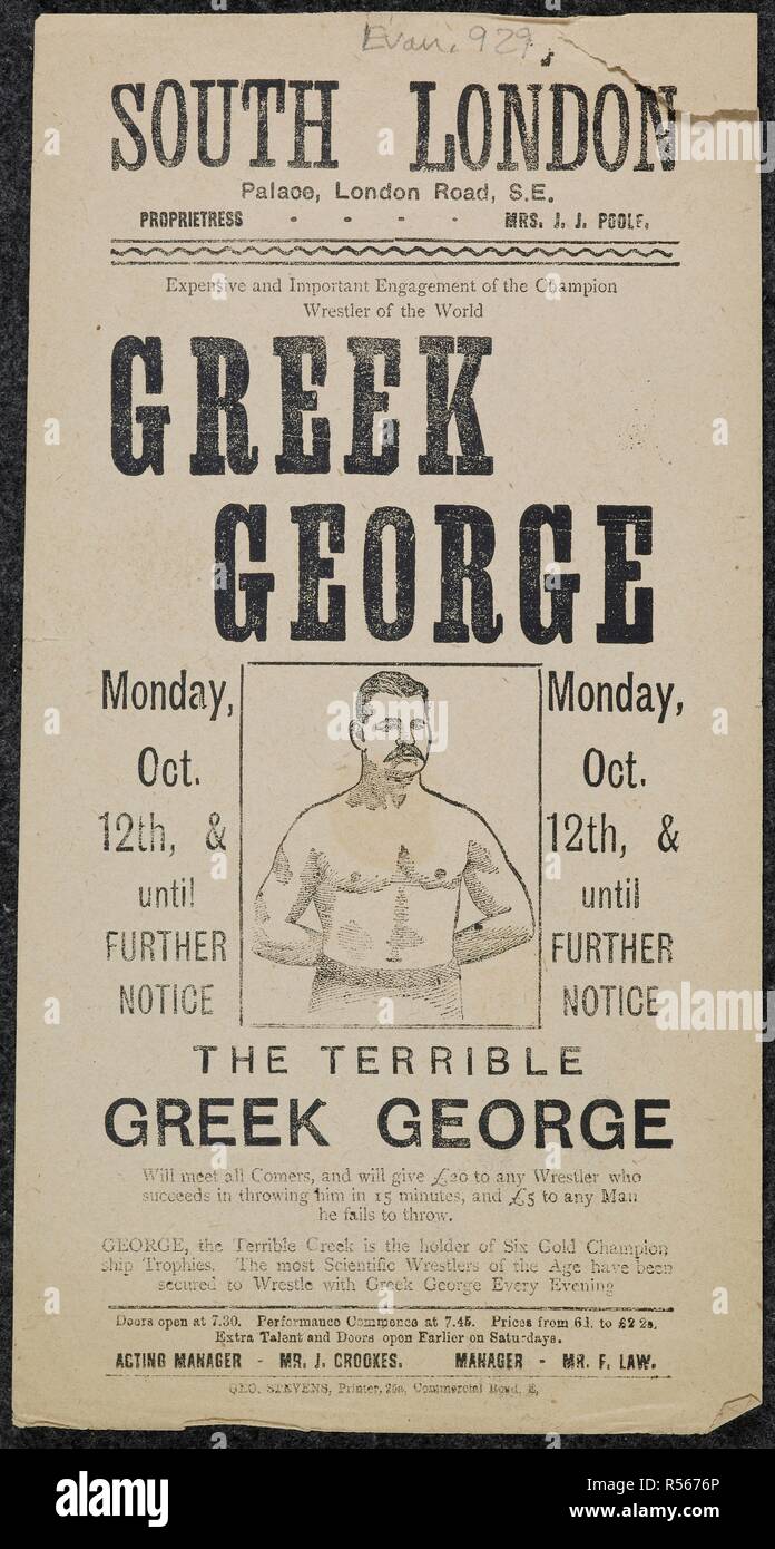 South London Palace ... The champion wrestler of the world, Greek George.  Monday, October 12th and until further notice â€¦. 1891. Source: Evan.929.  Language: English Stock Photo - Alamy