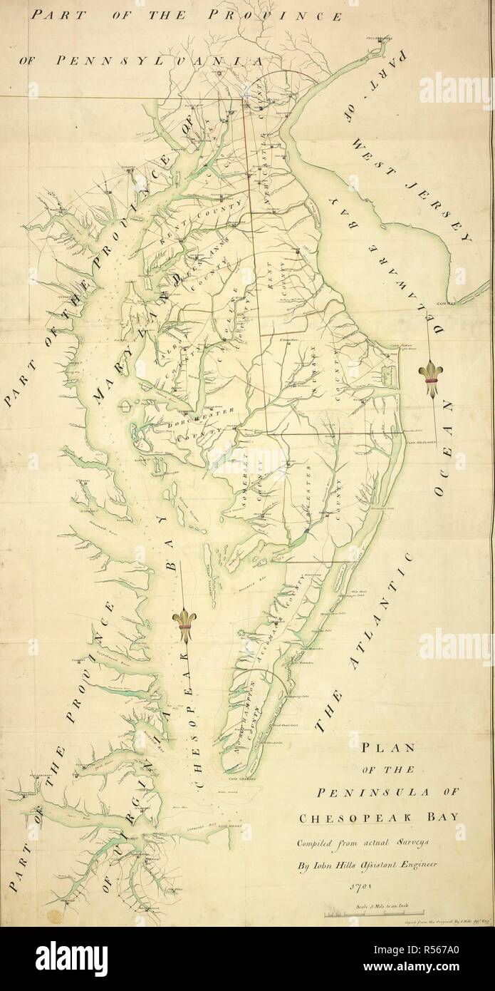 A drawn plan of the Peninsula of Chesopeak (Chesapeake) Bay. PLAN OF THE PENINSULA OF CHESOPEAK BAY. [New York?] : Iohn Hills Assistant Engineer, 1781. Source: Maps K.Top.122.34. Language: English. Stock Photo