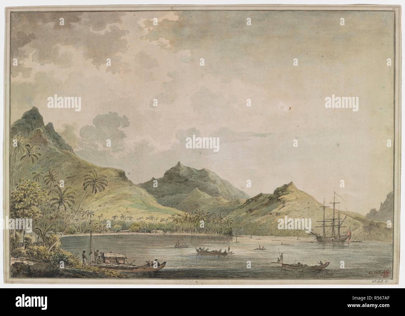 [Whole drawing]. A view of the harbour of Huahine [Fare Harbour]. with peaked mountains, including Mount Turi, in the background. In the bay is the 'Resolution' and many native craft, and on the shore a group of natives tend a double canoe with a deck-house. In the background and along the shore are native huts and English tents.  The view gives the location of Omai's settlement. Captain Cook had agreed with the chiefs for a place for Omai to settle. Carpenters from both ships built a small house for him, and other members of the crew made a garden, including planting vines and pineapples. Cap Stock Photo