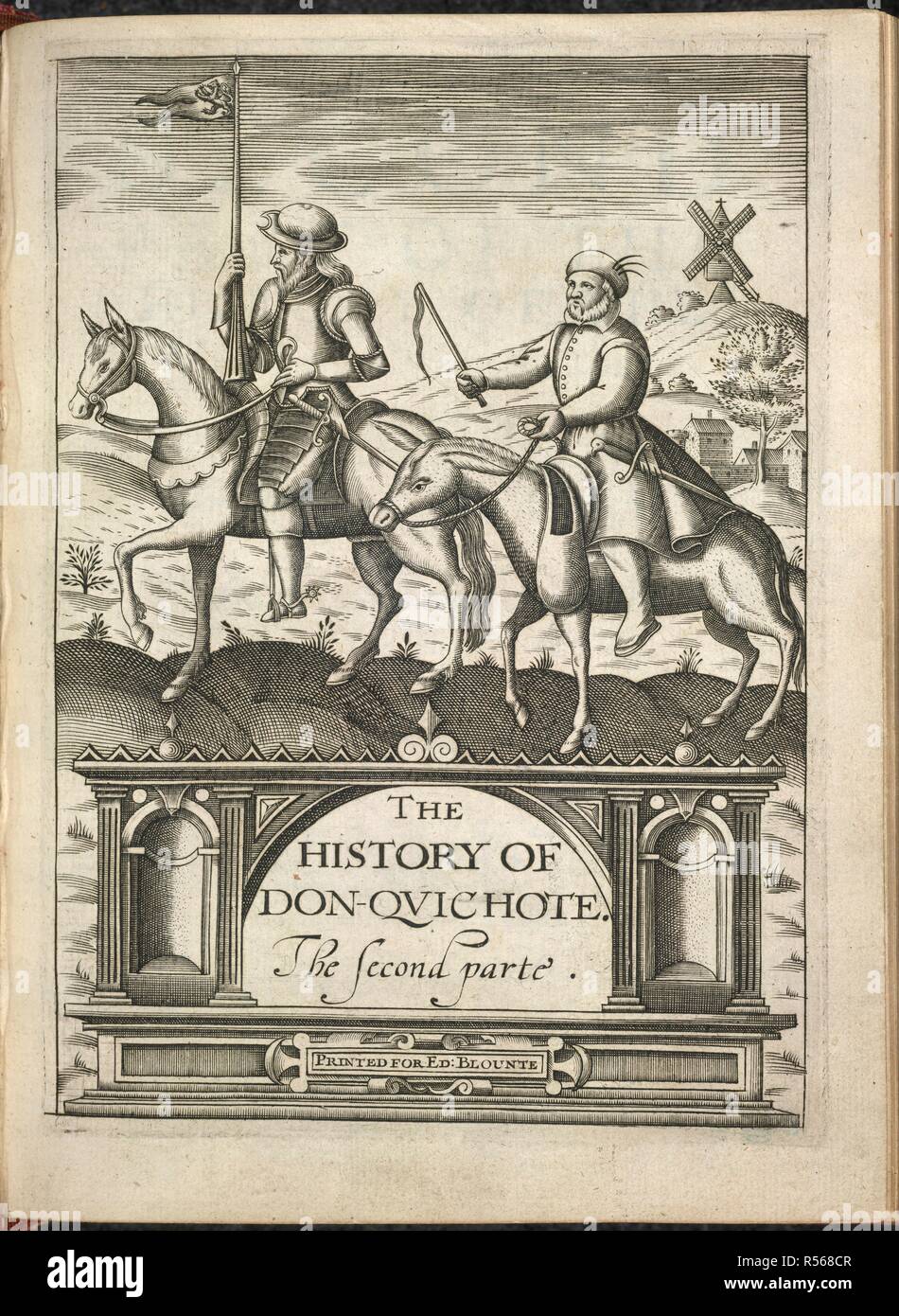 Illustrated title page showing Don Quixote and Sancho Panza. The History of Don-Quichote. The first parte. (The Second Part of the History of the Valorous and Witty Knight-Errant, Don Quixote of the Mancha. Written in Spanish by Michael Ceruantes: And now Translated into English].. Blounte: London, 1620. Source: G.10187.(2), title page. Language: English. Author: Cervantes (Saavedra), Miguel de. Stock Photo