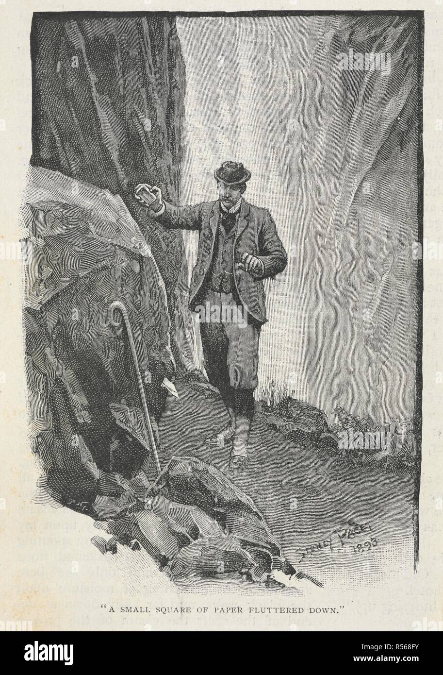 'A small square of paper fluttered down.' Doctor Watson standing at the Reichenbach falls. Illustration for the story 'the adventure of the final problem.'. The Strand magazine : an illustrated monthly / edited by G. Newnes. London : George Newnes. 1893. July to December. Source: P.P.6004.glk page 570. Author: DOYLE, ARTHUR CONAN. Paget, Sydney. Stock Photo