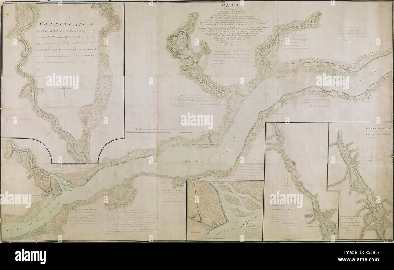 A plan of part of Canada and the St. Lawrence River which lies between Dechambeaux and Pointe du Lac. The map includes four inset plans; a continuation of the ChaudiÃ¨re River at upper left, two further continuations at lower right, and also an inset plan of the town of Trois-RiviÃ¨res. PLAN of that part of CANADA and the RIVER ST. LAWRENCE, which lies between DECHAMBEAUX and POINTE du LAC on the NORTH Shore, LOTBINIERE and ST. THERESE on the SOUTH, in which the TOWN of TROIS RIVIERES, and all the villages habitations and cultivated Country in that extent are accurately laid down. [Quebec?] :  Stock Photo