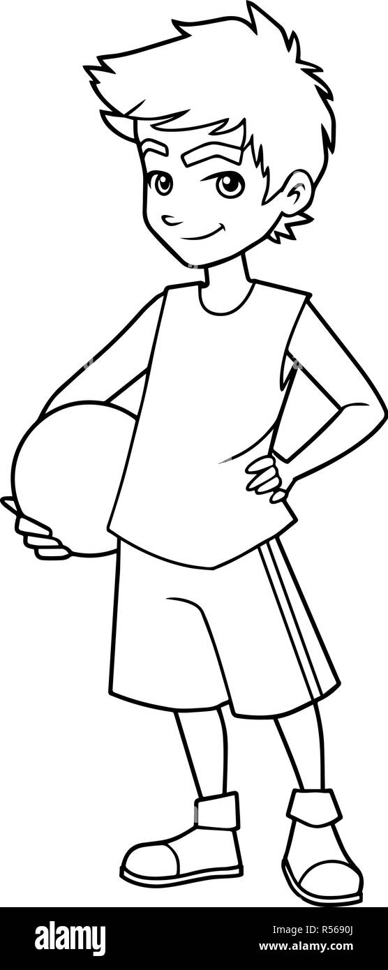 Basketball Boy on White Line Art Stock Vector