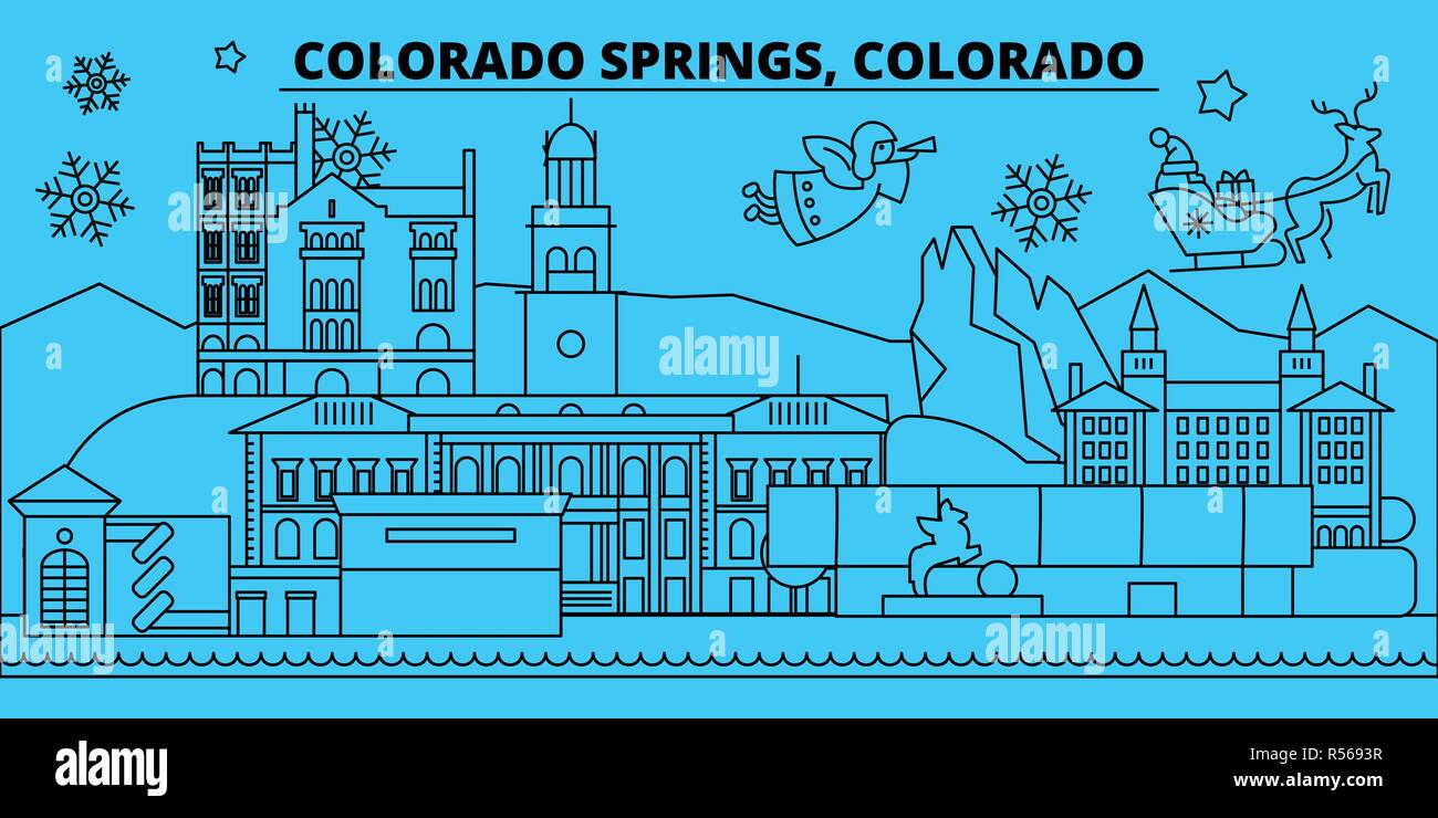 United States, Colorado Springs winter holidays skyline. Merry Christmas, Happy New Year  with Santa Claus.United States, Colorado Springs linear christmas city vector flat illustration Stock Vector