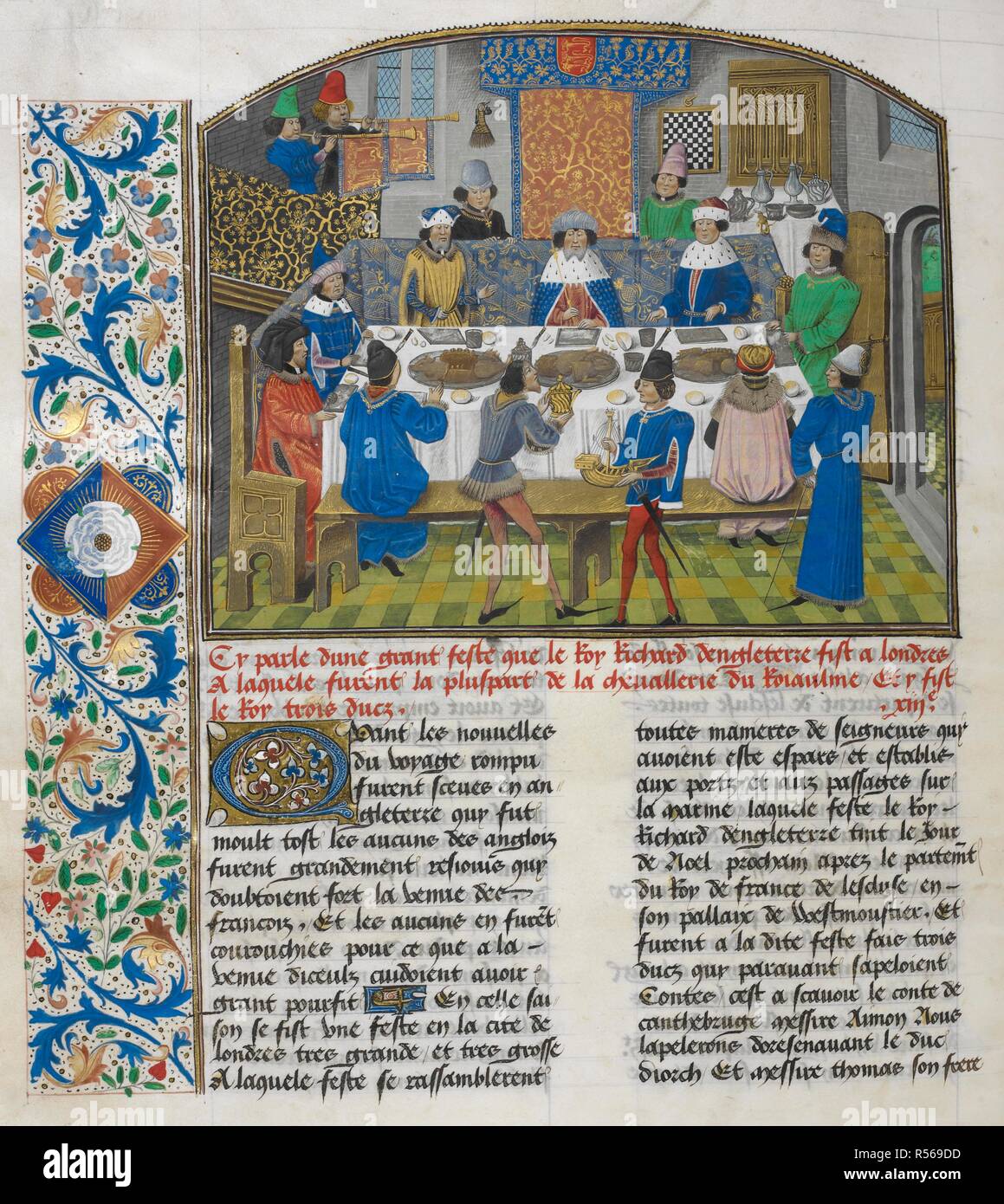 The Dukes of York, Gloucester and Ireland dining with Richard II. Initial  and floral border. Anciennes et nouvelles chroniques d'Angleterre (also  known as Recueil des croniques dâ€™Engleterre). France, N. E. (Lille?) and