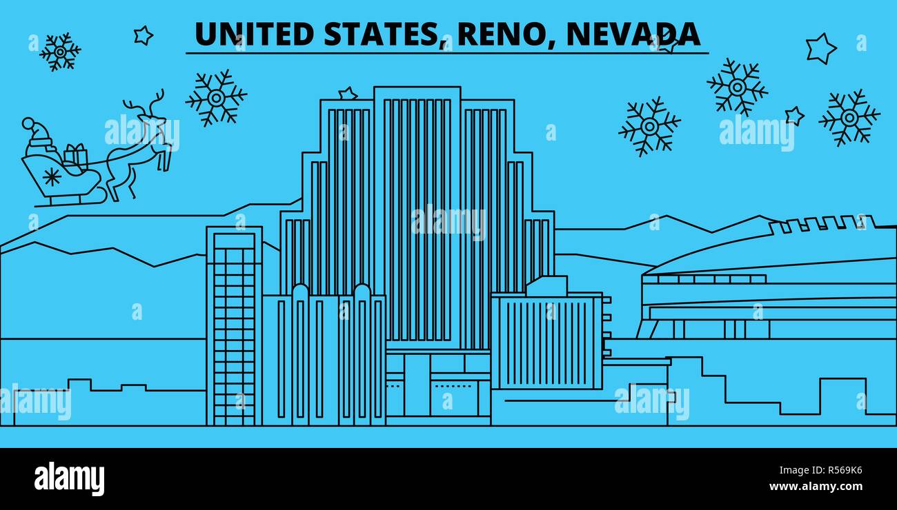 United States, Reno, Nevada winter holidays skyline. Merry Christmas, Happy New Year decorated banner with Santa Claus.United States, Reno, Nevada linear christmas city vector flat illustration Stock Vector