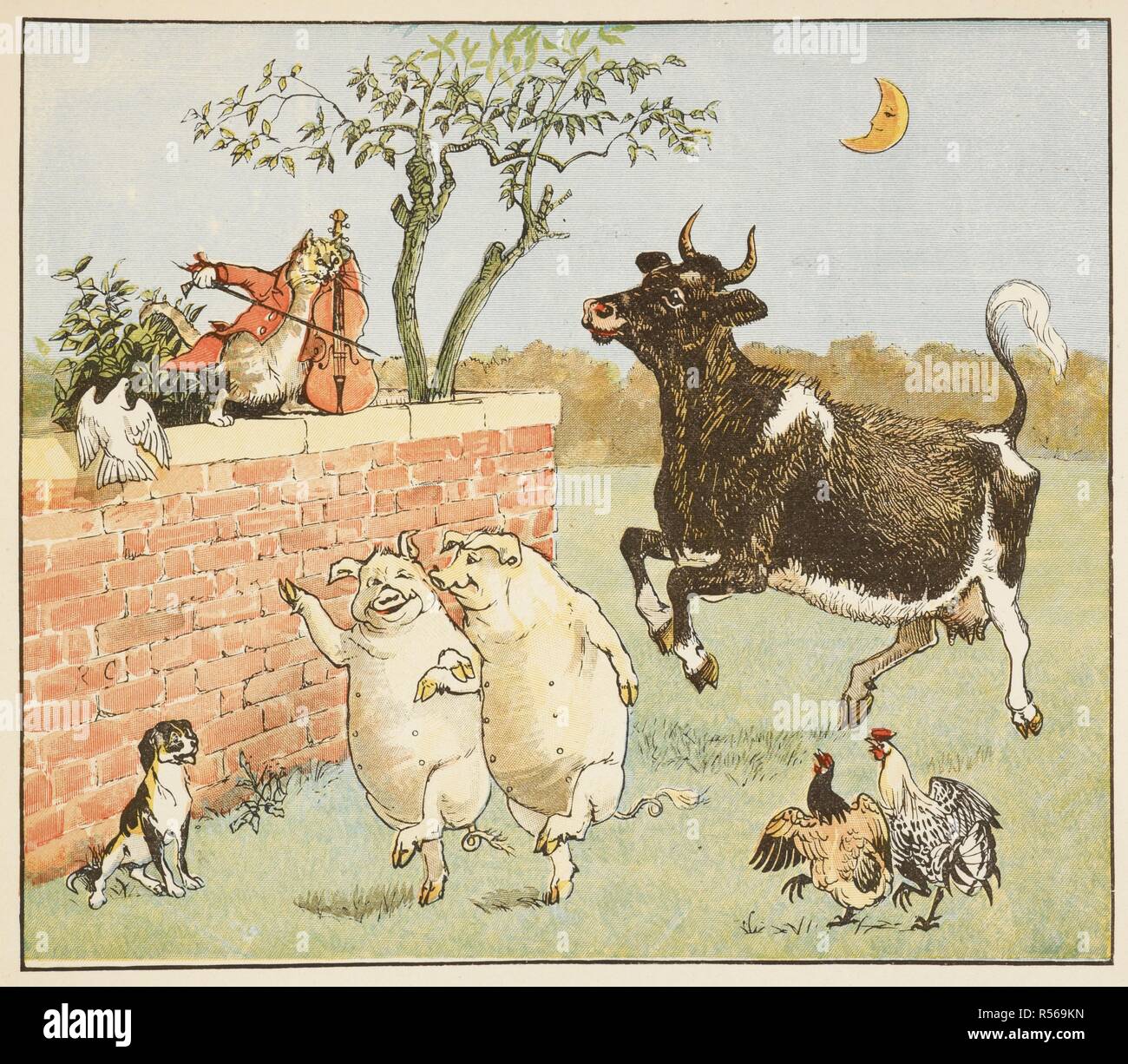 Farm animals dance to the cat playing a fiddle . The Hey Diddle Diddle Picture Book. London : G. Routledge & Sons, [1883]. Source: 12805.r.53, page 6. Author: Randolph Caldecott. Stock Photo
