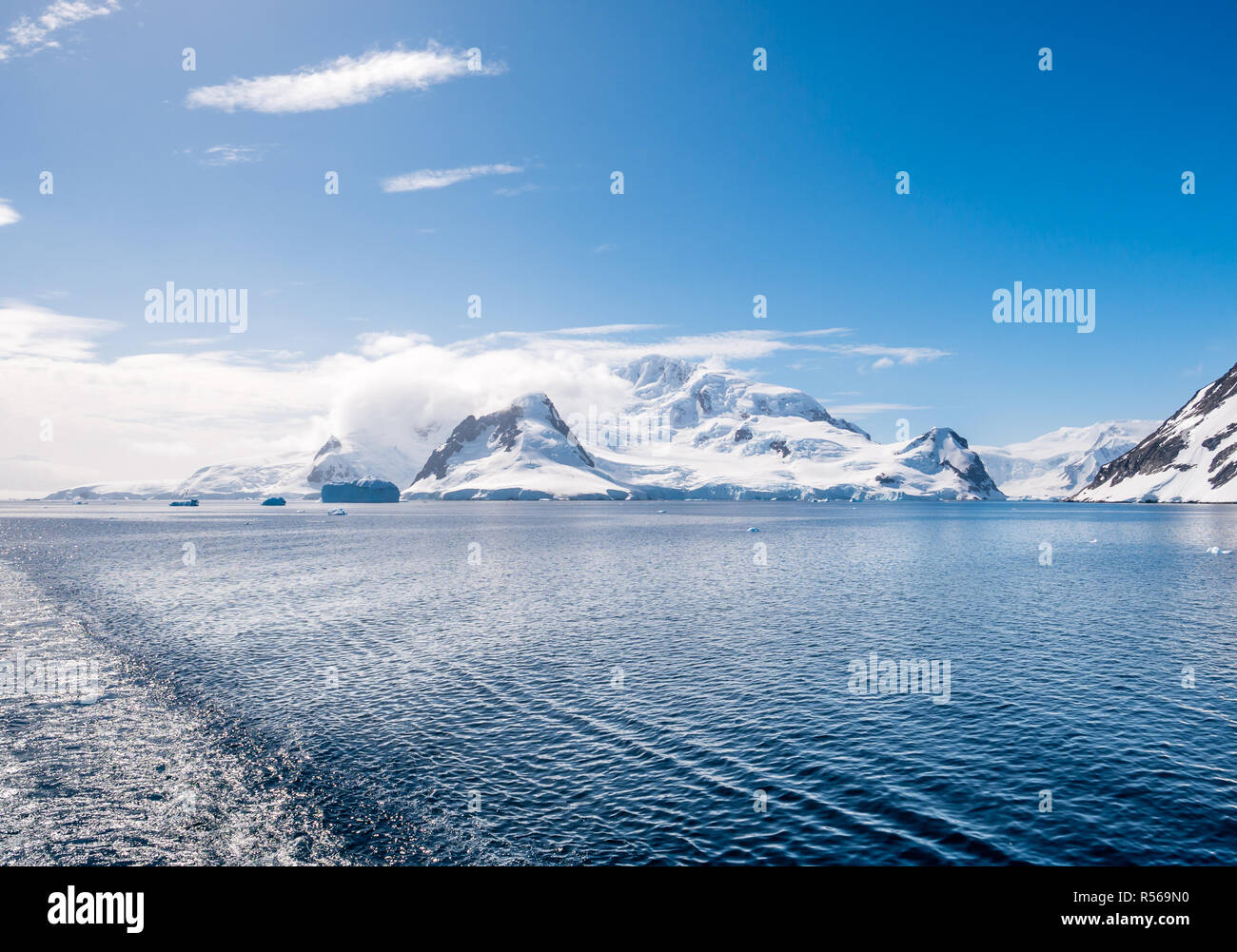 View from Errera Channel of snow capped mountains of Arctowski Peninsula , Antarctic Peninsula, Antarctica Stock Photo