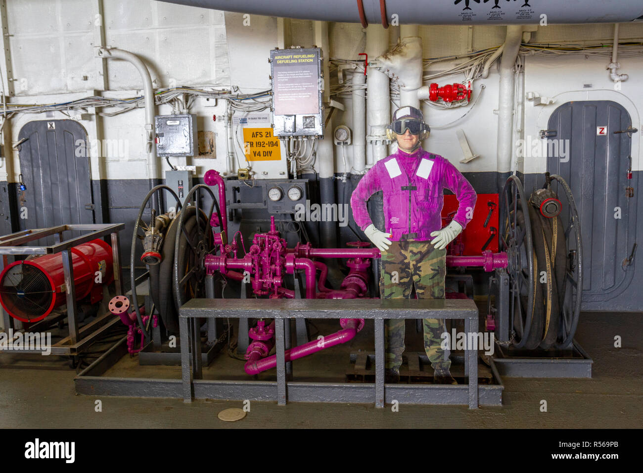 An aircraft refueling/defueling station below decks on the USS Midway, San Diego, California, United States. Stock Photo