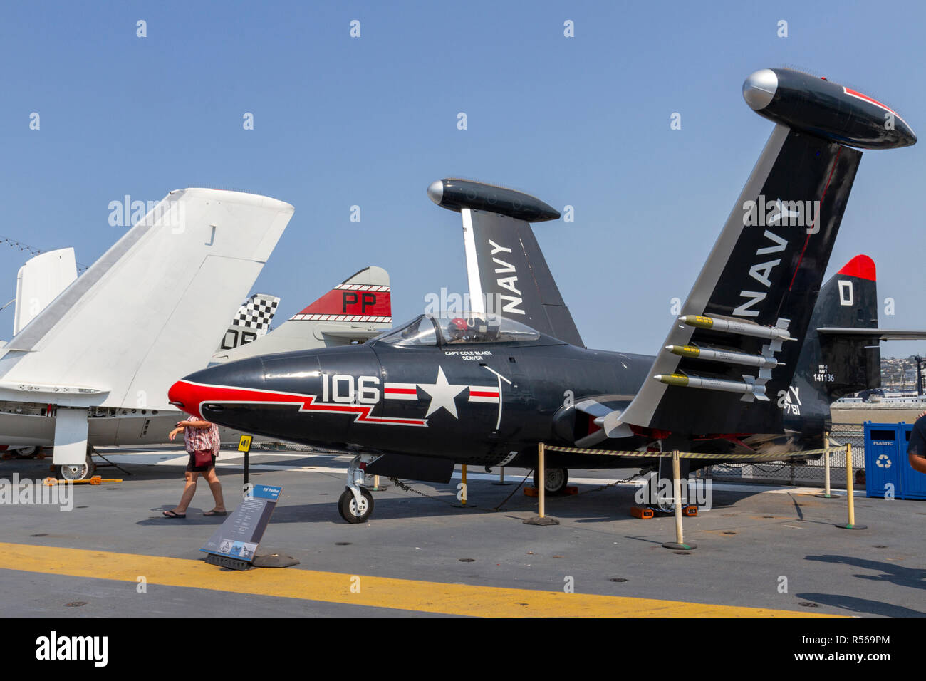 A F9F Panther fighter aircraft by Grumman Aerospace, USS Midway, San Diego, California, United States. Stock Photo