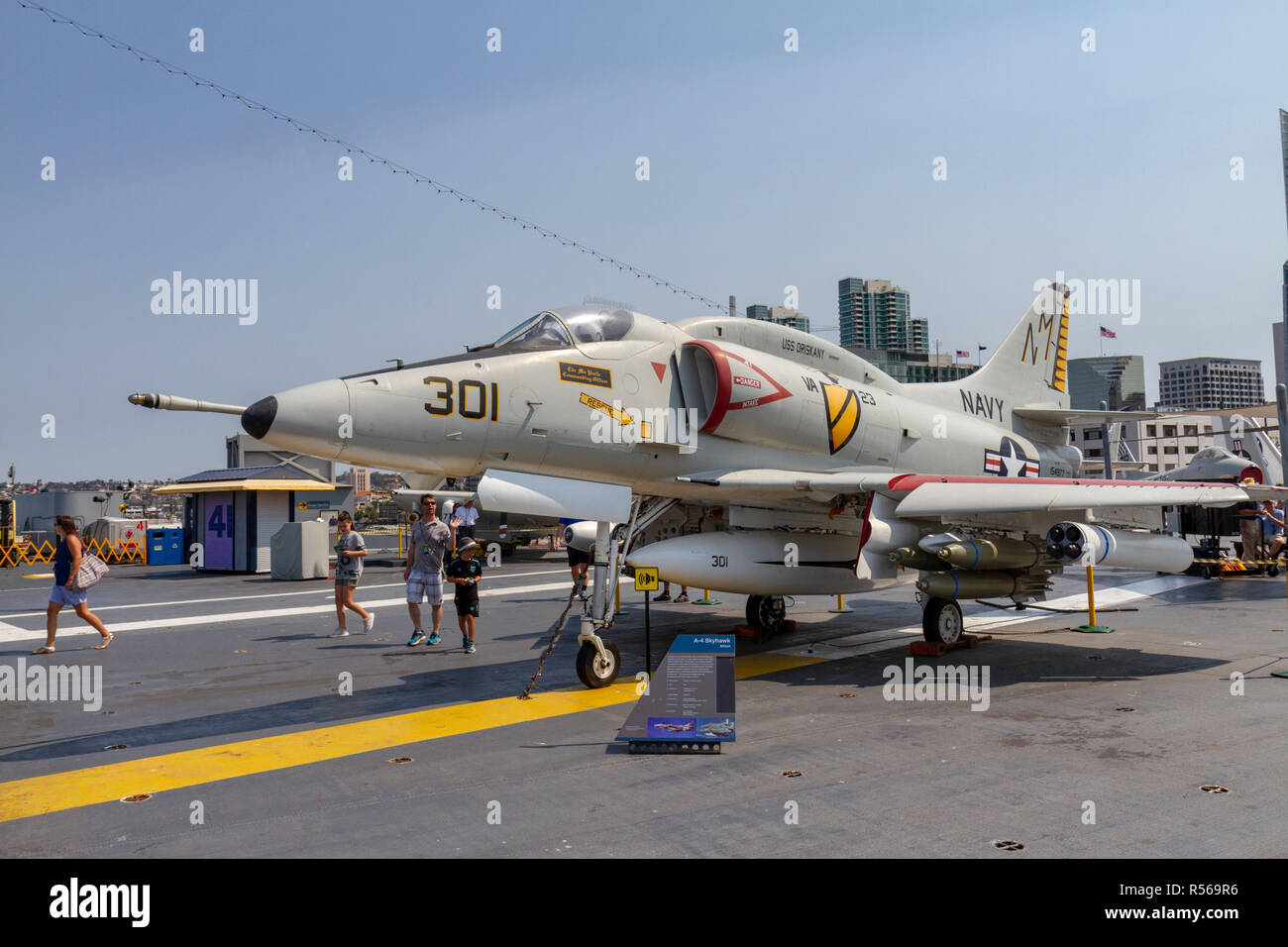 An A-4 Skyhawk attack aircraft, USS Midway, San Diego, California, United States. Stock Photo