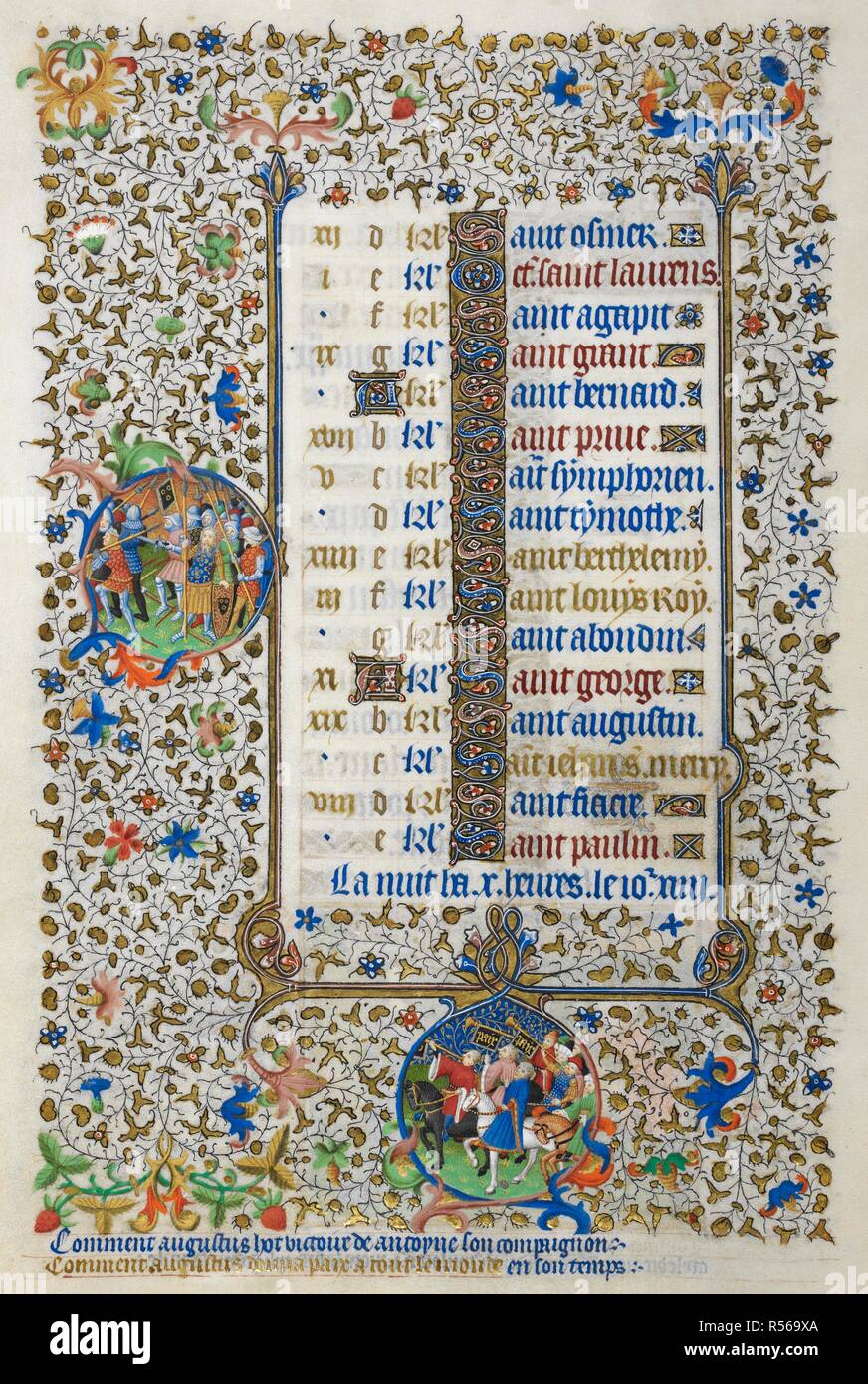Calendar page for August. The lower margin shows the trumpeters of the
