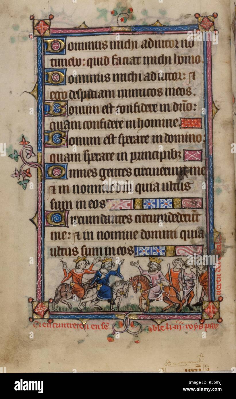 Bas-de-page scene of the three Magi joining together, accompanied by three servants, with a caption reading, 'Cy encuntreren[t] ense[m]ble li .iii roys par vertu del esteile'. Book of Hours, Use of Sarum ('The Taymouth Hours'). England, S. E.? (London?); 2nd quarter of the 14th century. Source: Yates Thompson 13, f.91v. Language: Latin and French. Stock Photo