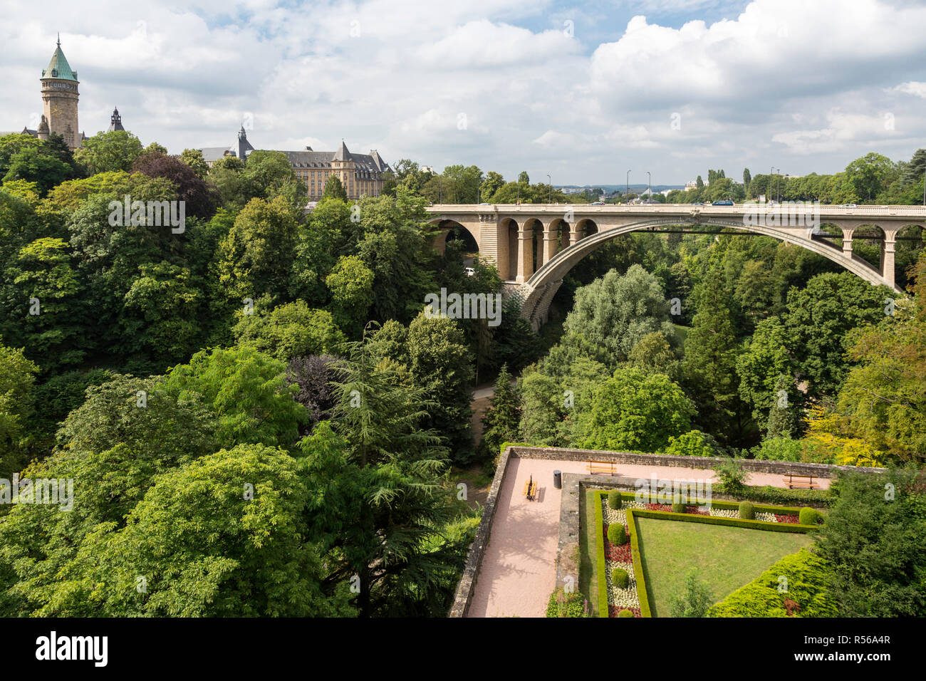 Luxembourg City, Luxembourg.  Adolphe Bridge Crossing the Valley of the River Peitruss. Stock Photo