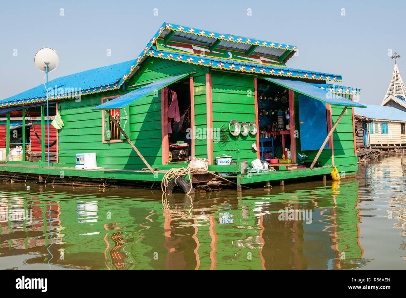 Tonle Sap, Cambodia. Colourful floating village houses on Tonle Sap Lake, Cambodia, South East Asia Stock Photo