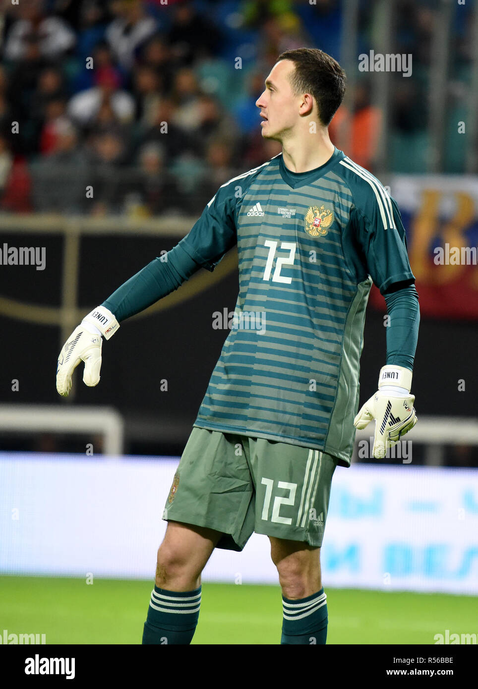Leipzig, Germany - November 15, 2018. Russian national football team goalkeeper Andrey Lunev during international friendly Germany vs Russia in Leipzi Stock Photo