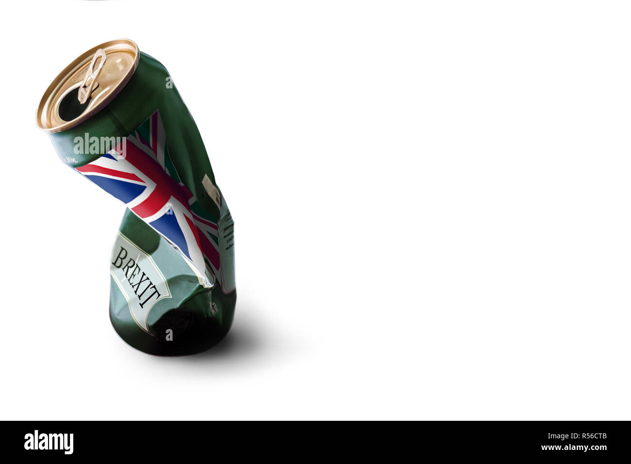 A beer can (invented), emptied and crushed. On the can is written 'Brexit' and the UK flag is printed on that can. Stock Photo