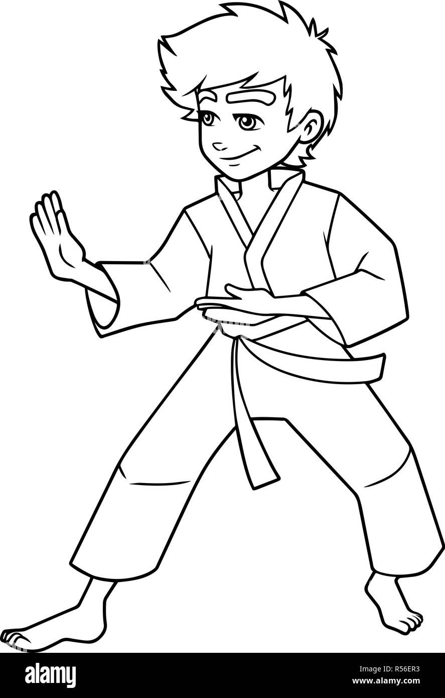 Karate Stance Boy Line Art Stock Vector