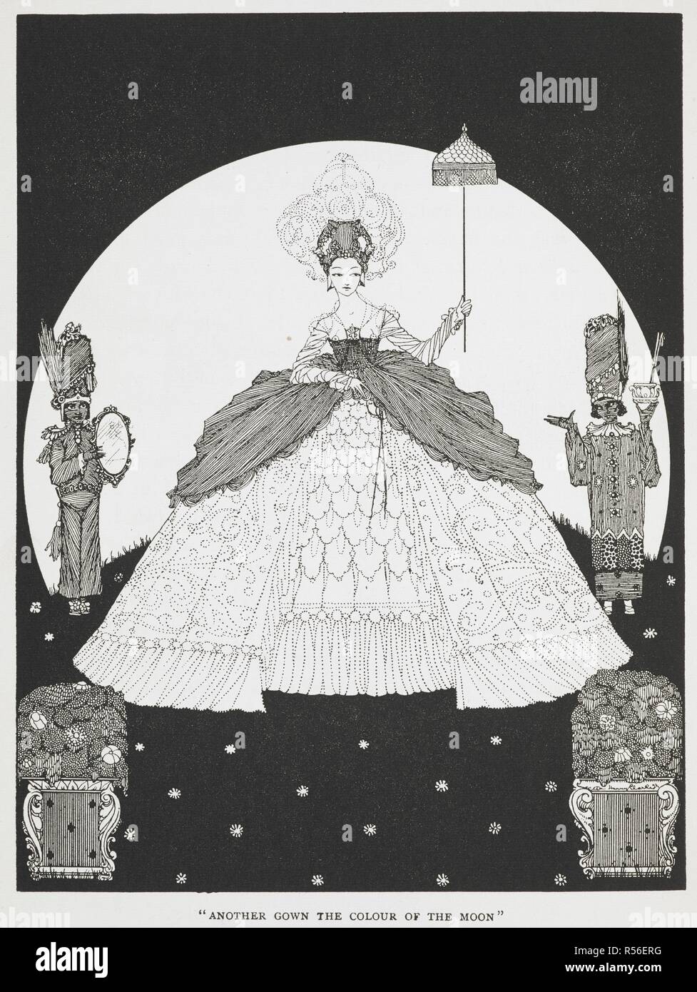 Another gown the colour of the moon". An illustration for the story,  'donkey-skin'. A beautiful princess holding a parasol, two servants  standong either side of her. . The Fairy Tales of Charles