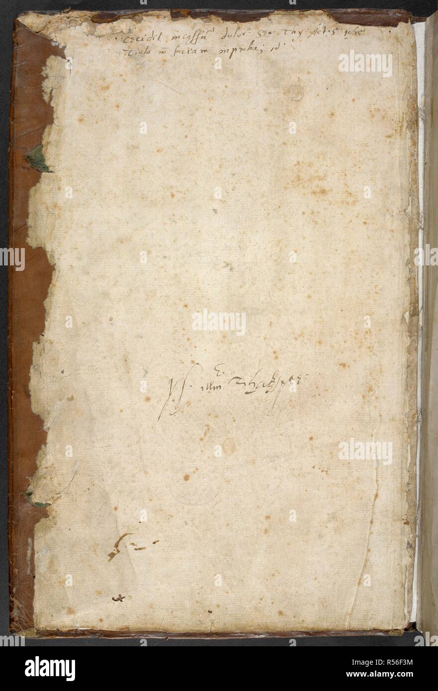 This signature purports to be that of Willam Shakespeare, but that is often disputed between this and other verifiable autographs. The Essayes, or Morall, Politike, and Millitarie Discourses of Lo: Michaell de Montaigne ... Now done into English by ... John Florio. Few MS. notes [in pencil]. London : V. Sims, 1603. Source: C.21.e.17, front flyleaf. Language: English. Stock Photo