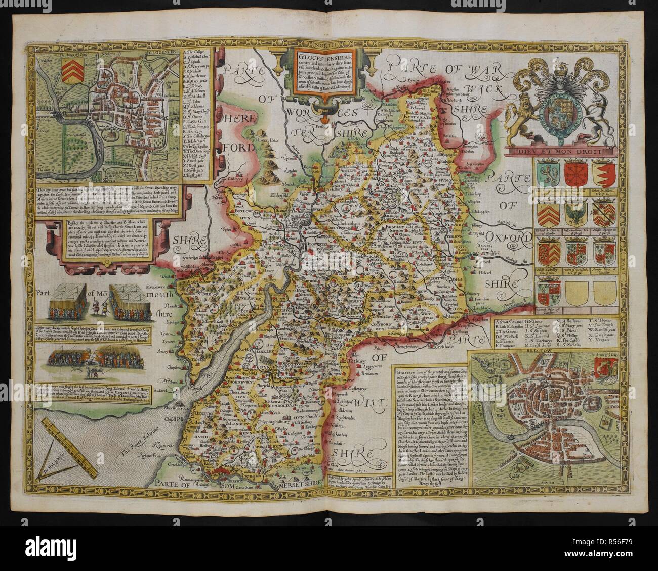 Glocestershire contrived into thirty thre severall hundreds those againe into foure principall devisions the Citie of Glocester & Bristowe discribed with the armes of such noble menas have bene dignified with ye titlles of Earles & Dukes thereof, A.D. 1610. A map of Gloucestershire; insets, the cities of Gloucester and Bristol. The Theatre of the Empire of Great Britain. London : John Sudbury & George Humble, 1611. Source: Maps C.7.c.20.(2.), f.47. Author: SPEED, JOHN. Stock Photo