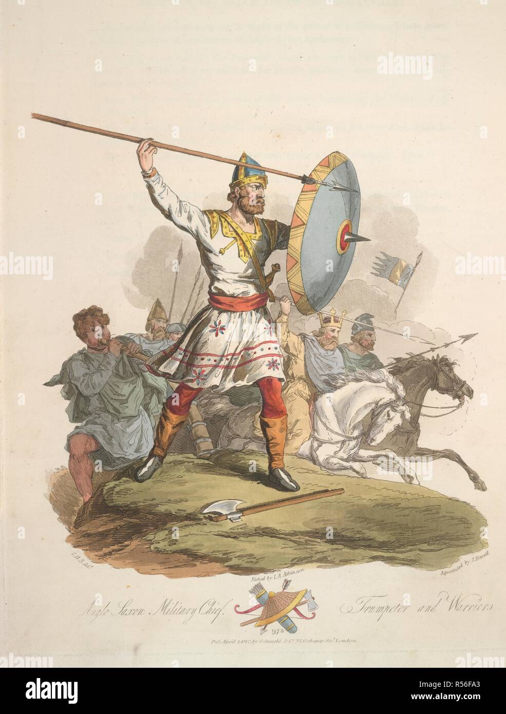 Anglo-Saxon chief. The Costume of the original inhabitants of the Bri. R. Havell: London, 1815. Anglo-Saxon military chief, trumpeter and warriors. Anno 975.  Image taken from The Costume of the original inhabitants of the British Islands from the earliest periods to the sixth century, to which is added that of theGothic nations on the Western Coasts of the Baltic, the ancestors of the Anglo-saxons and Anglo-Danes..  Originally published/produced in R. Havell: London, 1815. . Source: 141.h.13.(2),. Language: English. Stock Photo