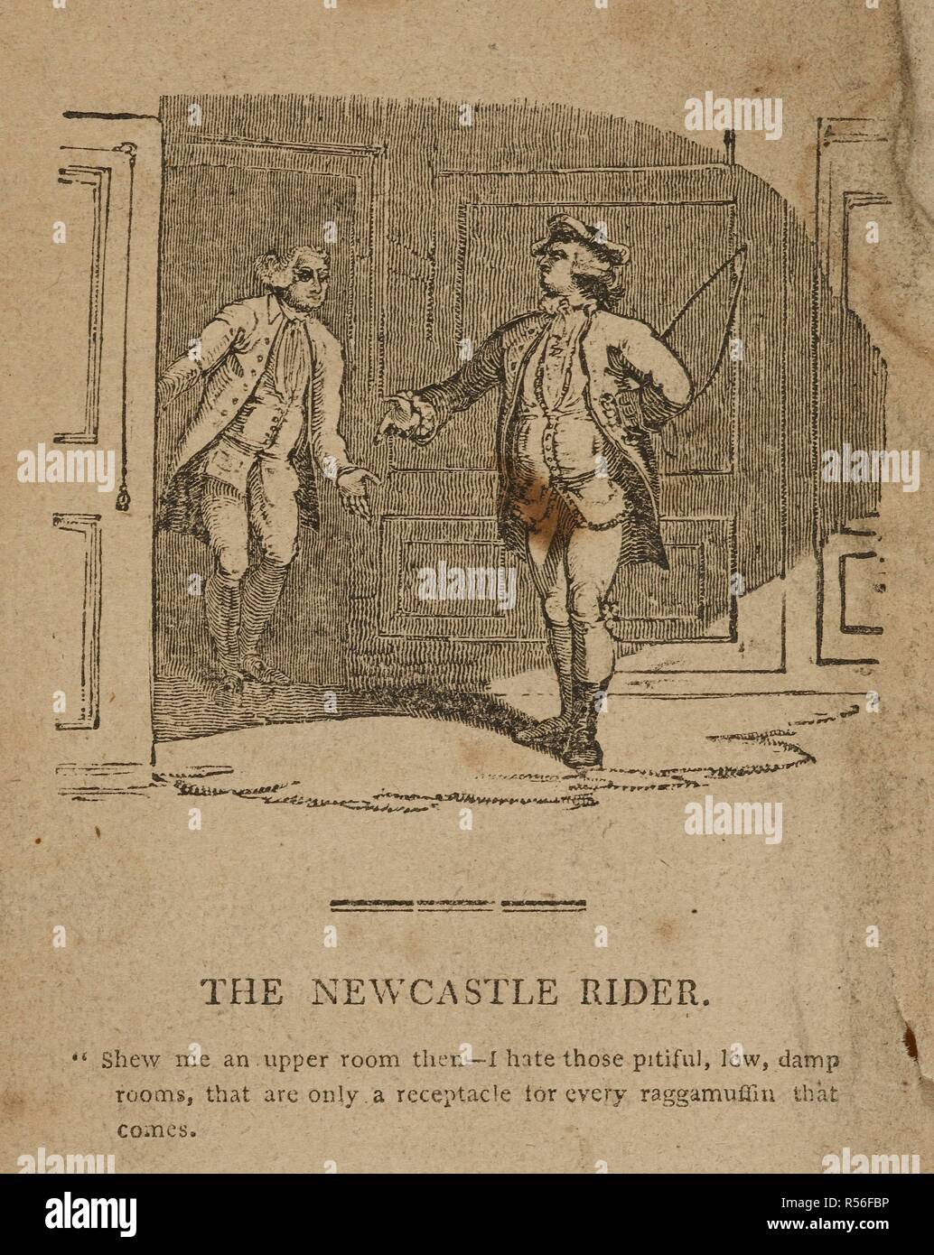 The Newcastle Rider confronting a man at an inn demanding a better room. [Ducks and Green Pease; or the Newcastle Rider: a farce of one act [by J. Lund], founded in fact. To which is added The cure for a drunkard; a tale in verse. (The Newcastle Rider; or Ducks and Green Pease, a tale [in verse].)]. Newcastle-on-Tyne : J. Mitchell, [1820?]. Source: 11779.a.24, frontispiece. Language: English. Stock Photo