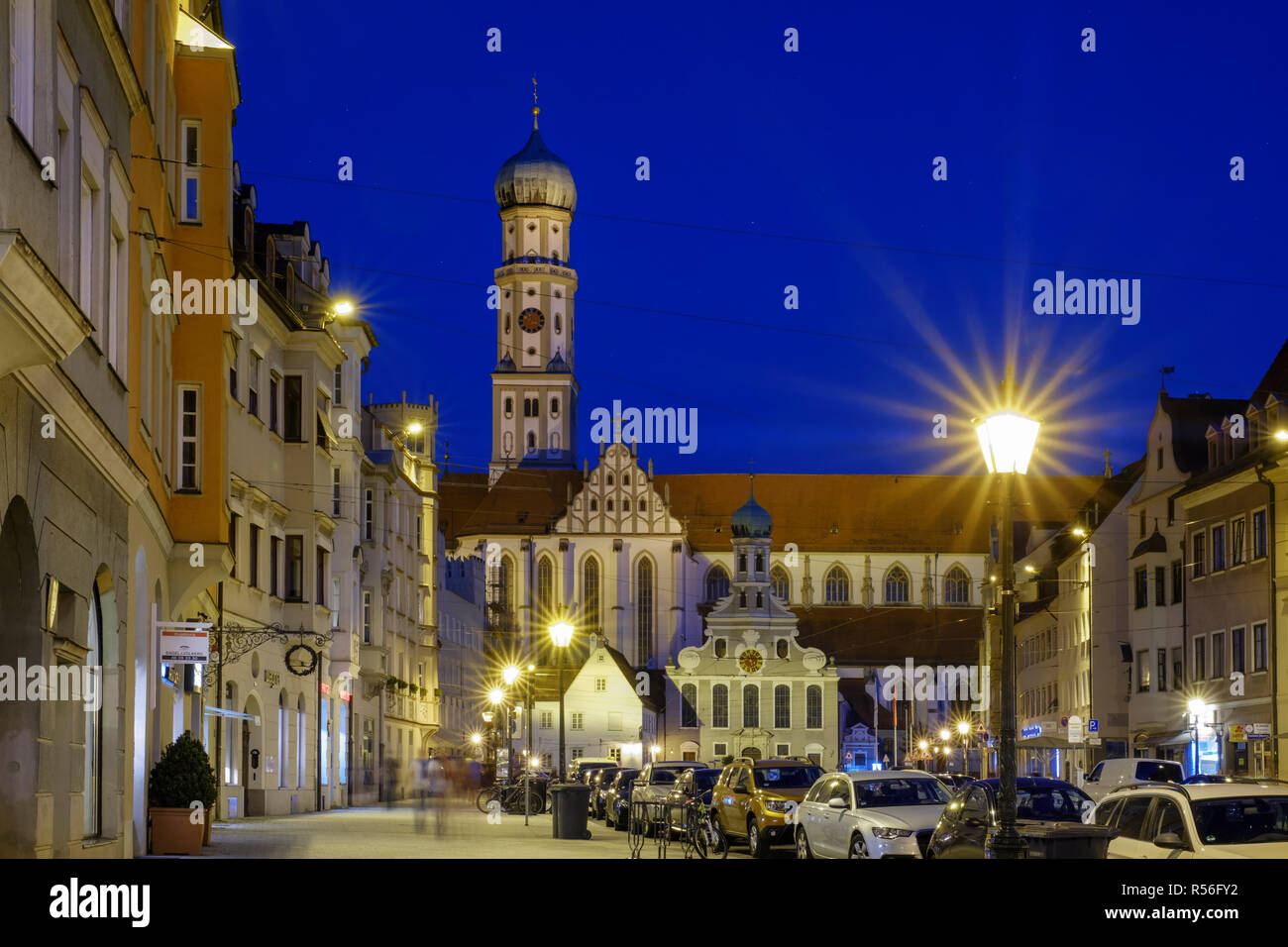 Church of St. Ulrich and Afra, dusk twilight, Maximilianstraße, Augsburg, Swabia, Bavaria, Germany Stock Photo