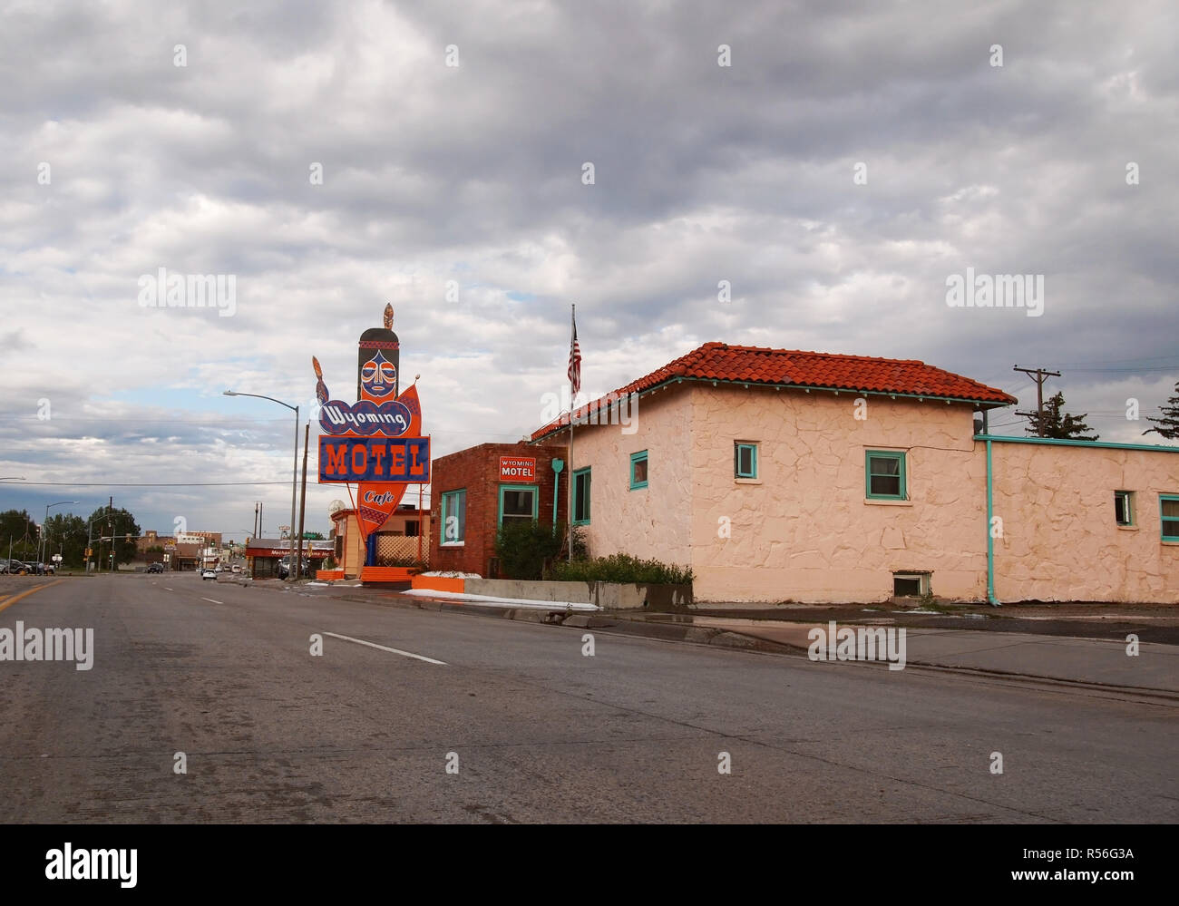 CHEYENNE, WY - JULY 25, 2018: Built in 1936, the iconic Wyoming Motel is an example of the type of fun, kitsch themed drive-in motels that sprang up a Stock Photo